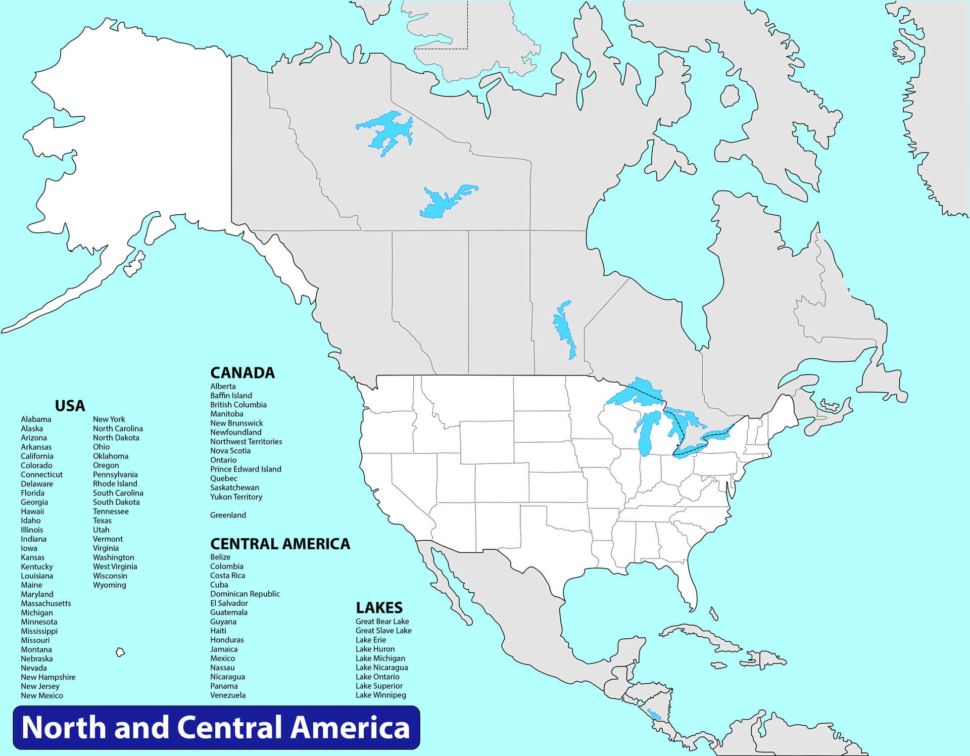 North and Central America Outlined Map with United States